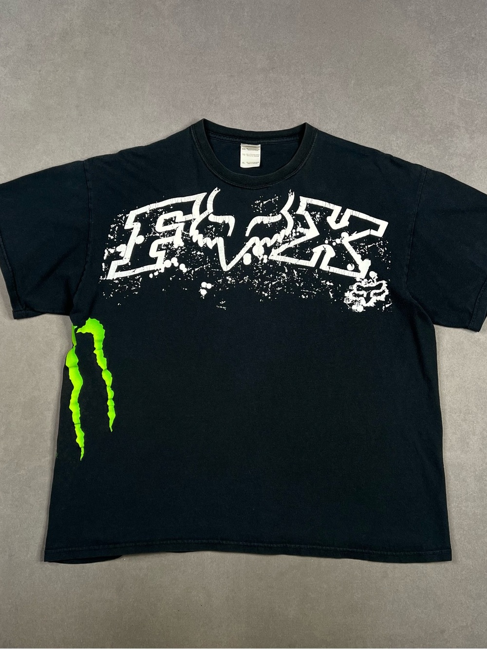 Fox Monster Energy Style Black Graphic Tee with Neon Green Accent